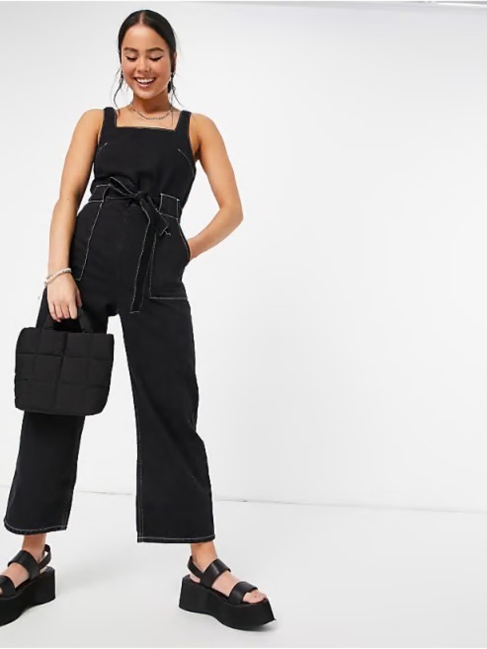 Topshop 100% cotton square neck Wide-Leg denim Jumpsuit w Contrast Stitching